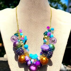 Chunky charm necklace, mermaid bauble necklace, purple and aqua charms